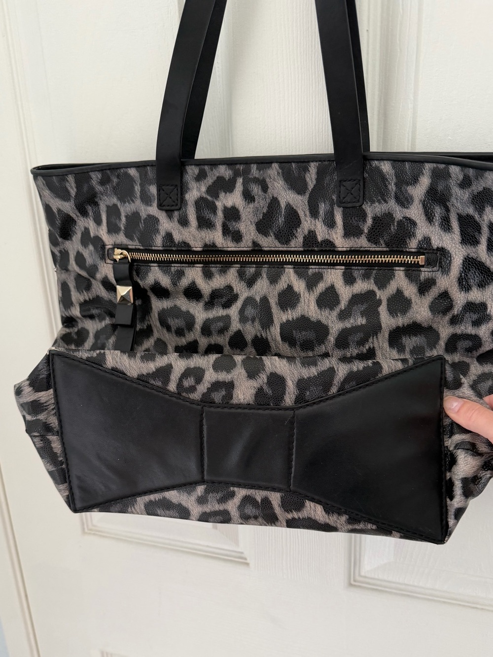 Kate Spade Gray Black Leopard Print Bow Detail Tote Shoulder Bag Travel Handbag - Picture 4 of 11